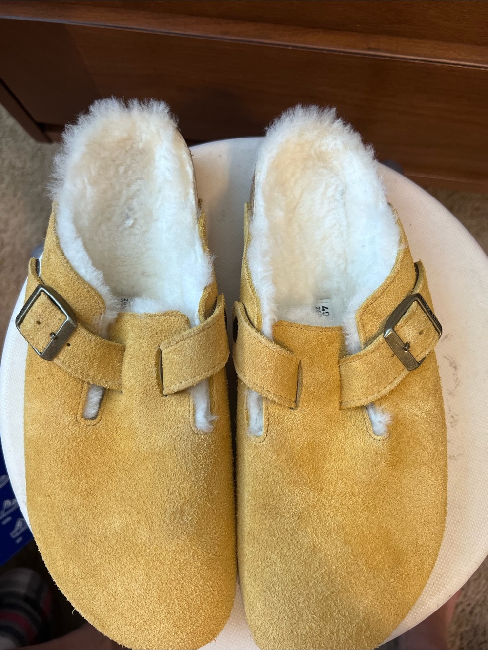 Birkenstock Shearling-Lined Suede Clogs in Mustard Yellow